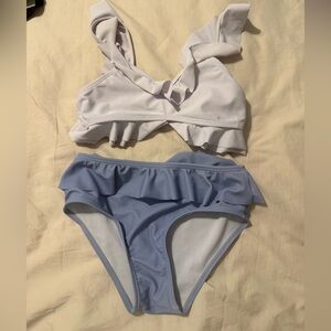 SHEIN Two-Tone Ruffle Kids Swim Set - White & Light Blue